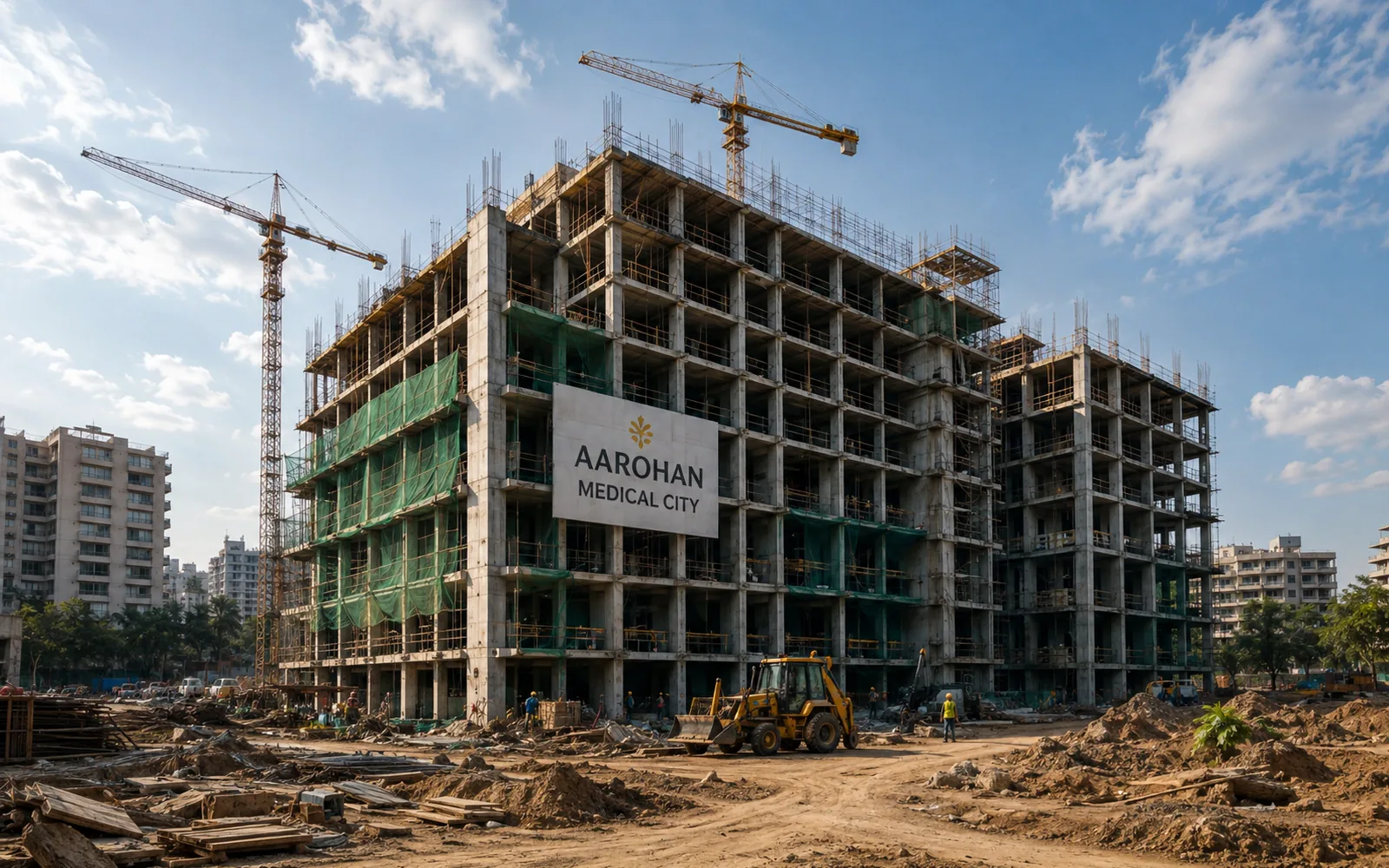 Aarohan Medical City under construction at sunset