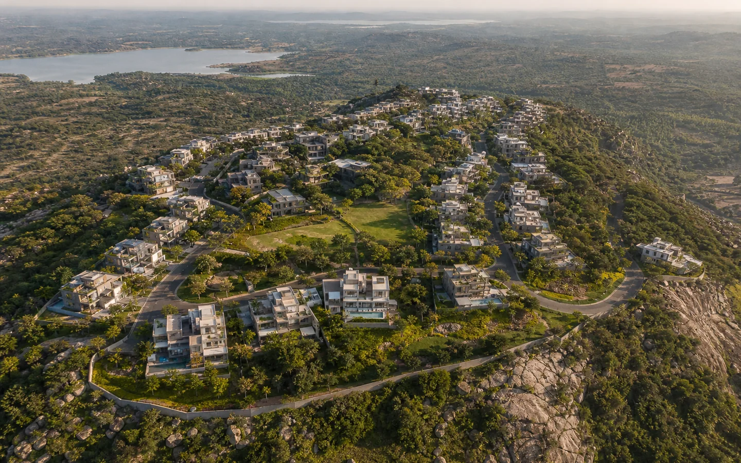 Hilltop community — A conceptual aerial perspective of the community planned around the site’s natural contours.