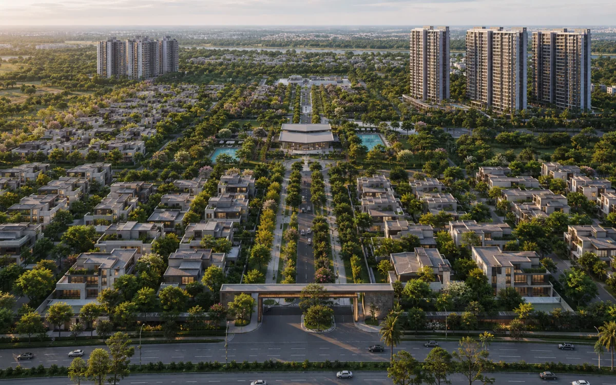 The integrated community — A broad illustrative view of villas, towers and landscape.